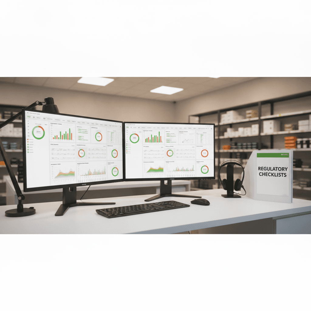 Cannabis dispensary back-office operations workspace with compliance dashboards