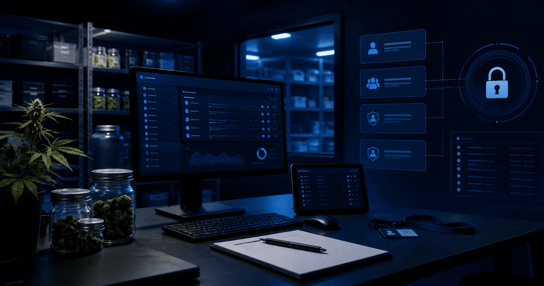 Secure cannabis dispensary back-office workstation with abstract permission layers and audit log