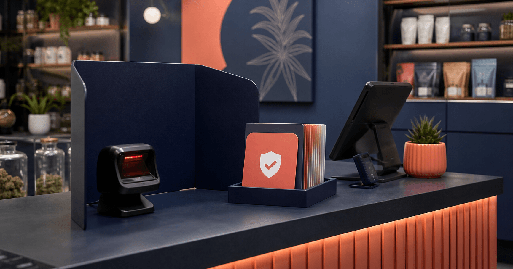 Cannabis dispensary counter with an ID scanner and privacy-aware verification cards