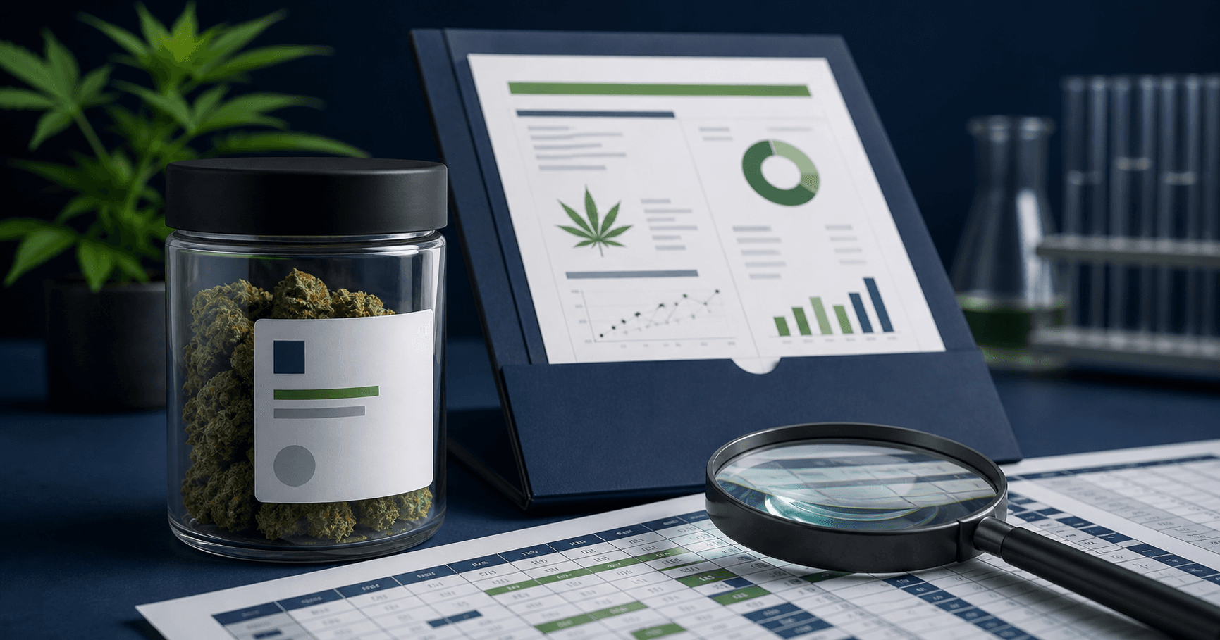 Unbranded cannabis dispensary label review station with records and sealed packages
