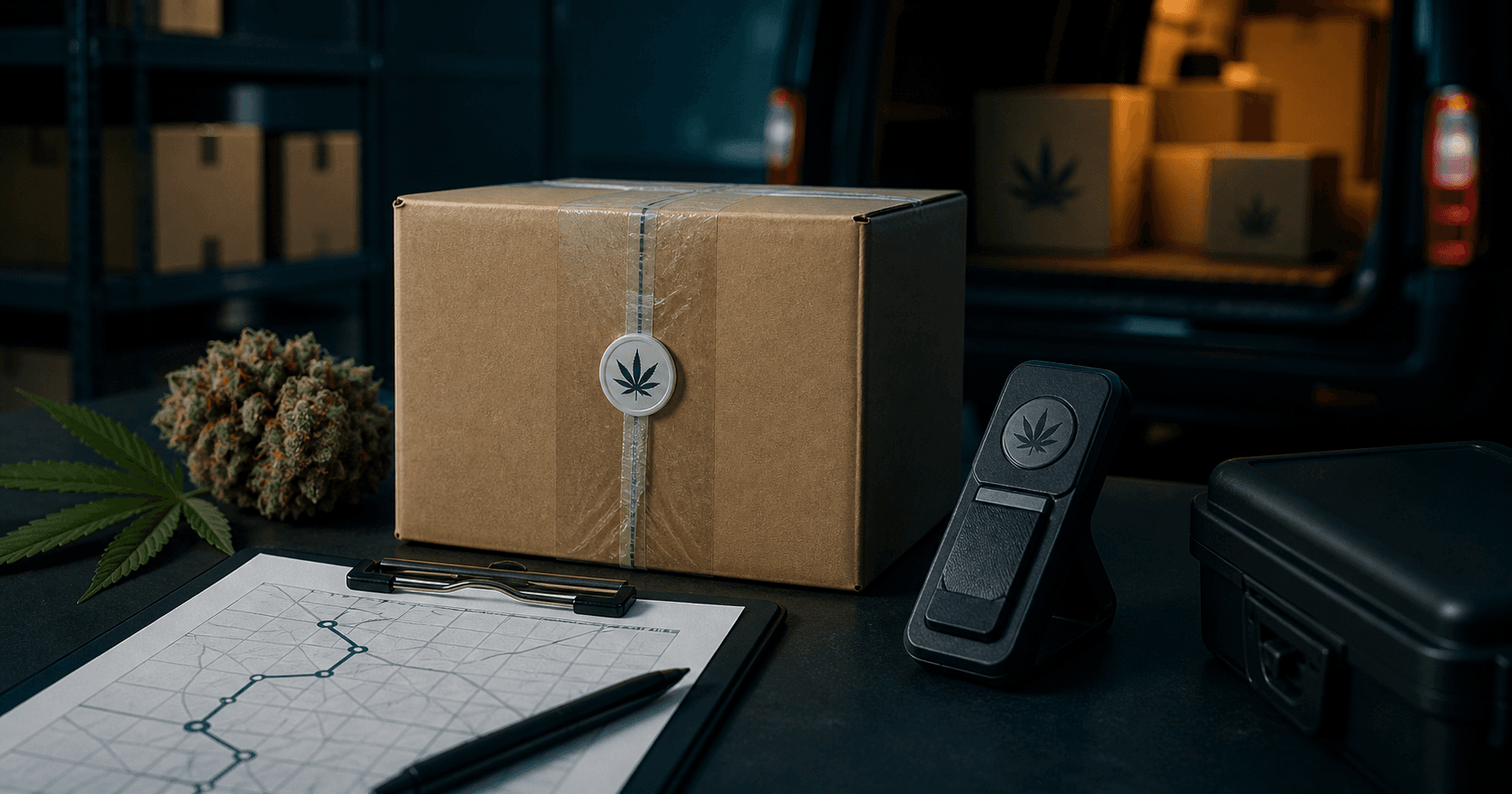 Unbranded cannabis delivery desk with address exception records