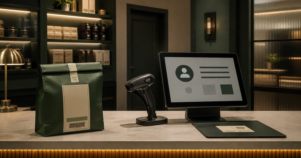 Secure dispensary pickup counter with sealed order bag and scanner