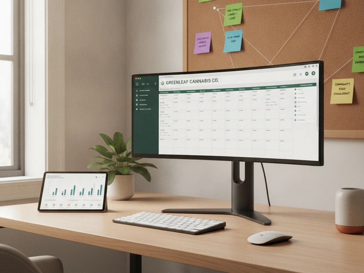 A marketing planning desk with a content calendar on screen and campaign notes on a board